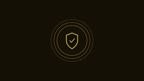 Verified secure shield line icon with check and rotating rings, gold neon style Stock-Footage 342595514