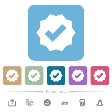Verified sticker solid flat icons on color rounded square backgrounds Stock Illustration