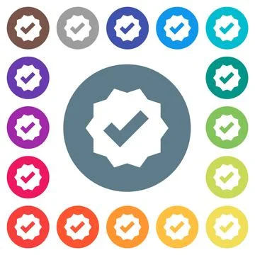 Verified sticker solid flat white icons on round color backgrounds 库存插图