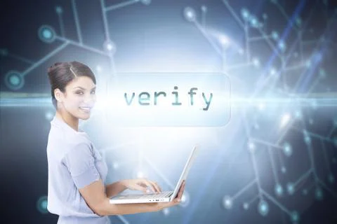 Verify against black background with glowing network Illustrazione stock