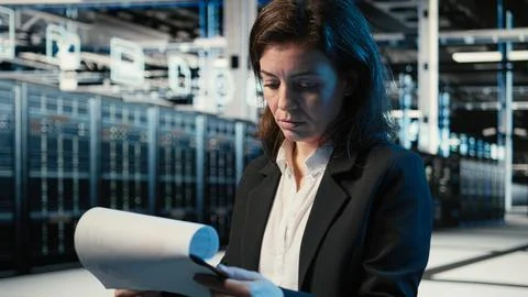 Verifying infrastructure status, clipboard files and manager in data center Foto stock