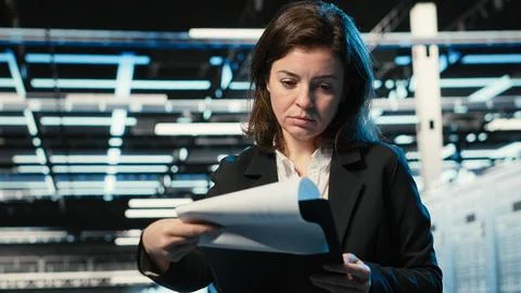 Verifying infrastructure status, clipboard files and manager in data center Foto stock