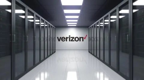 Verizon Communications logo on the wall of the server room. Editorial 3D Stock Illustration