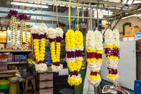 Verkaufsstand von religiösen devotionalien in George Town, Malaysia Flower.. Stock Photos