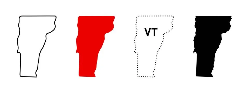 Vermont map icon set. State outline, solid fill, dotted VT label sign and s.. 库存插图
