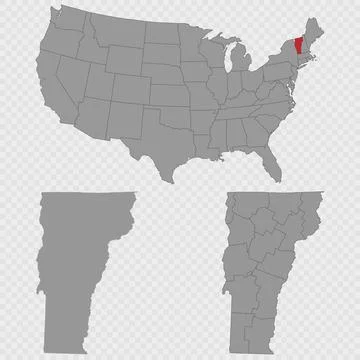 Vermont map set with USA location, clean outline, and full county breakdown. Stock Illustration