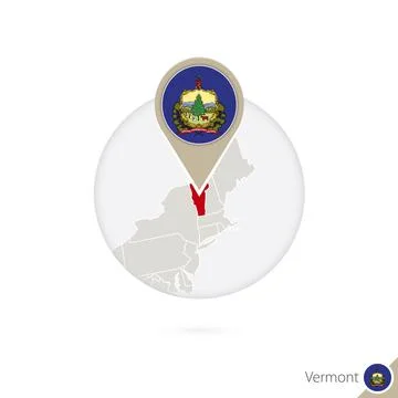 Vermont US State map and flag in circle. Map of Vermont, Vermont flag pin. .. Stock Illustration