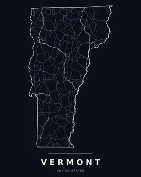 Vermont VT Map Counties Highways Roads Dark Mode Editable Vector Stock Illustration