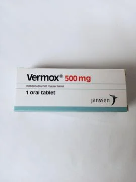 Vermox Tablets box on white background. 스톡 사진