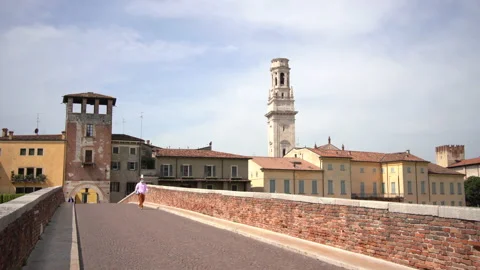 Verona after coronavirus quarantine, Ponte Pietra, Duomo tower Stock Footage
