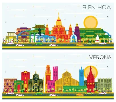 Verona Italy and Bien Hoa Vietnam City Skyline Set. Stock Illustration