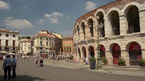 Roman amphitheatre Arena di Verona and Piazza Bra square panoramic