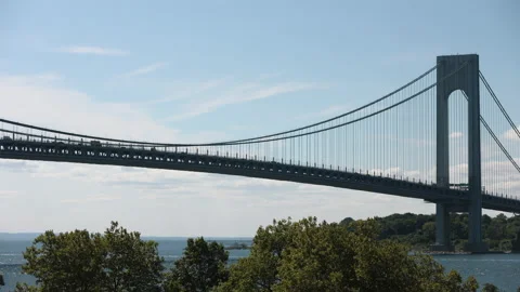 The Verrazano bridge with trees in the foreground. Bay Ridge Brooklyn. Stock Footage 220740837
