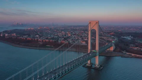 Verrazano Narrows bridge sunset hyper-lapse Stock Footage 195210288