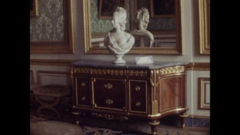 Versailles Palace interior, marble bust of Marie Antoinette, mahogany chest, Stock Footage 85864484