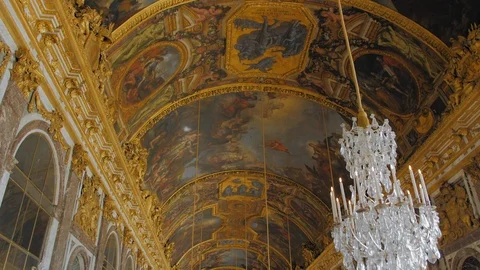Versailles, PARIS, FRANCE- August 2018: Luxurious frescoes on the ceiling and Stock Footage