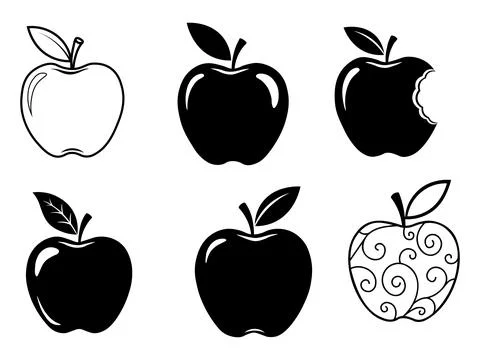 A versatile collection of apple icons featuring solid black silhouettes, a bi Stockillustratie