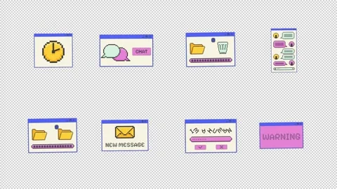 Versatile pixel art pop-up windows UI overlay animation set Stock Footage 334709081