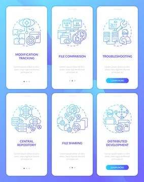 Version control system blue gradient onboarding mobile app screens set 스톡 일러스트
