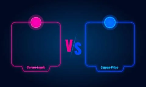 Versus or compare screen with blue neon frames and vs letters. Vector Stock Illustration