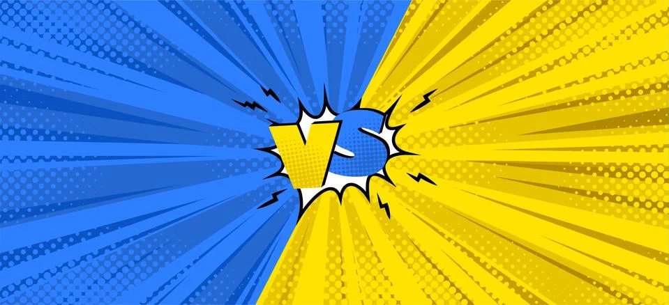 Versus symbol in comic background for battles. Blue and yellow halftone comic Stock Illustration