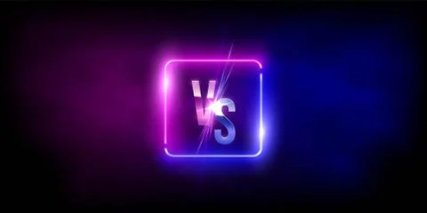 Versus VS sign in neon square frame in fog background. Laser glowing pink and Stock Illustration