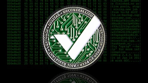 Vertcoin with wireframe effect rotating against a crypto miner hex dump. Stock Footage 105187797