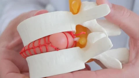 Vertebrologist shows a model of the intervertebral disc on which a hernia is Stock Footage 241502276