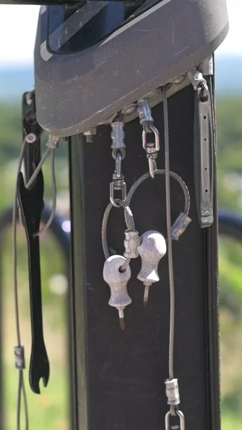 Verti al screen closeup keys and helmet hanging on post in sunlit park, metal Vidéo 323095367