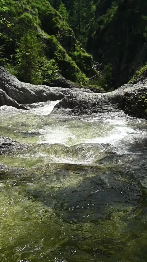 Vertial shot of a mountain stream cascading into a gorge, slow motion Video stock 260890190