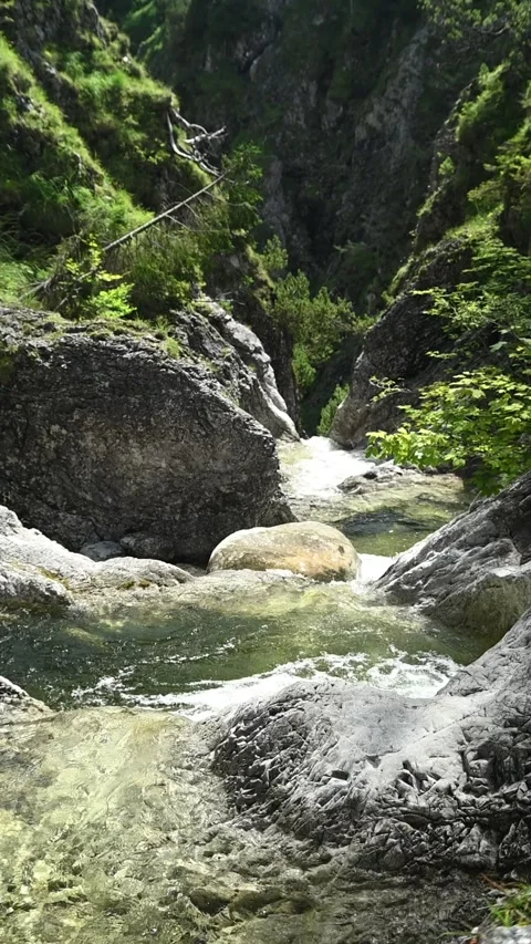 Vertial shot of a mountain stream cascading into a gorge, slow motion 스톡 동영상 260890198