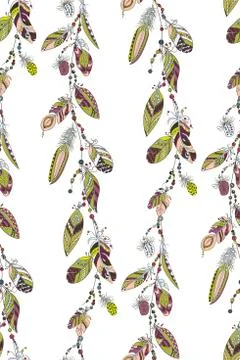 Vertica seamless colored  ornamental pattern with a rope with feathers and be Stock Illustration