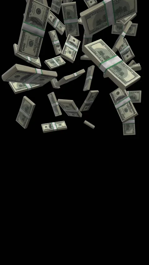 Vertical 100 Dollars Stack Of Money Falling Animation on Black Screen Stock-Footage 284144449