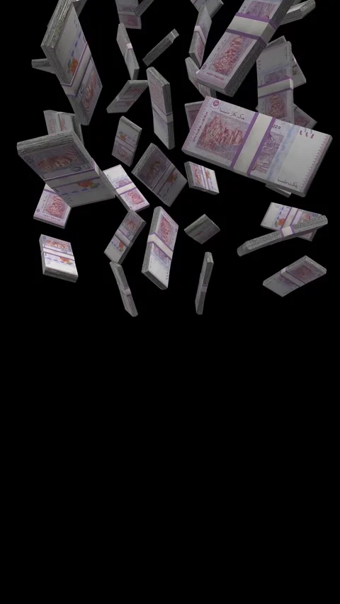 Vertical 100 Ringgit Malaysia Falling Animation Stacks Of Money on Black Scr Stock Footage 302587849