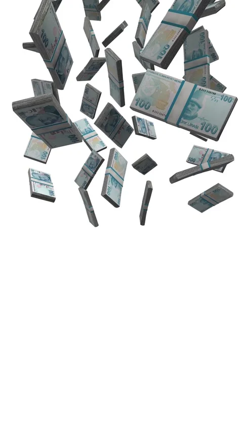 Vertical 100 Turkish lira Falling Animation Stacks Of Money on White Screen Stock Footage 302301358