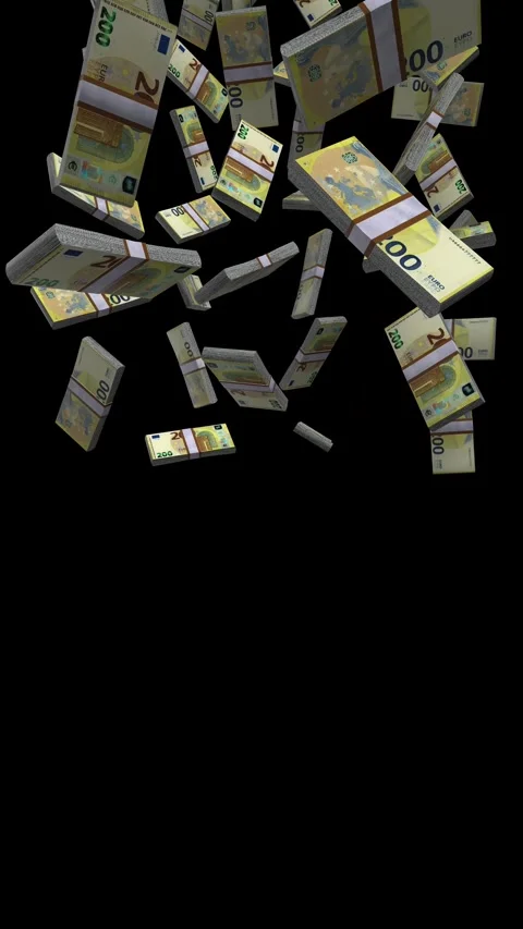 Vertical 200 Euro Falling Animation on Black Screen Video stock 285174440