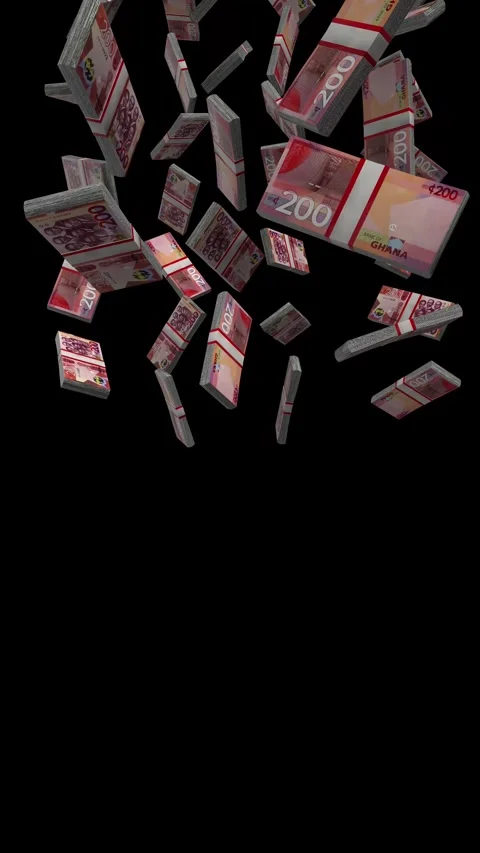 Vertical 200 Ghana Cedis Note Banknotes Falling Animation on Black Screen Stock Footage 296229780