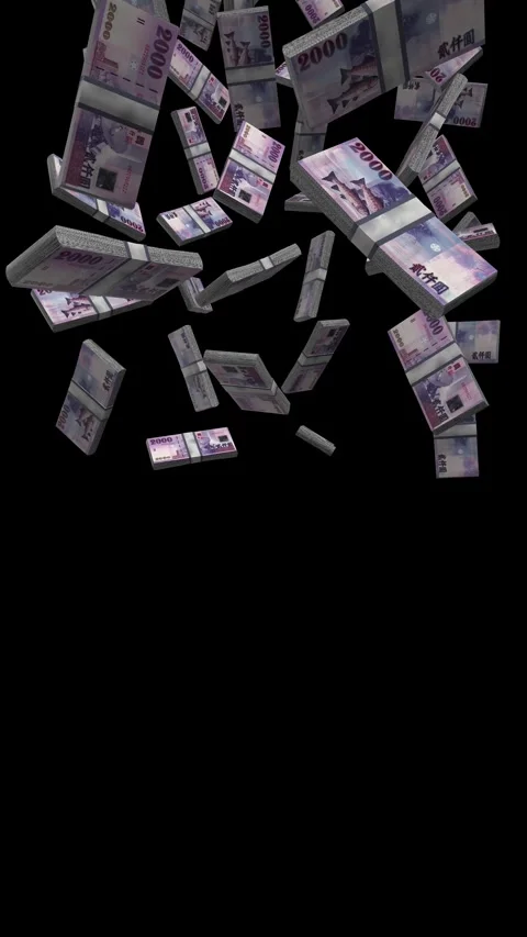 Vertical 2000 Taiwan Dollar Banknotes Falling Animation on Black Screen Stock-Footage 284002141