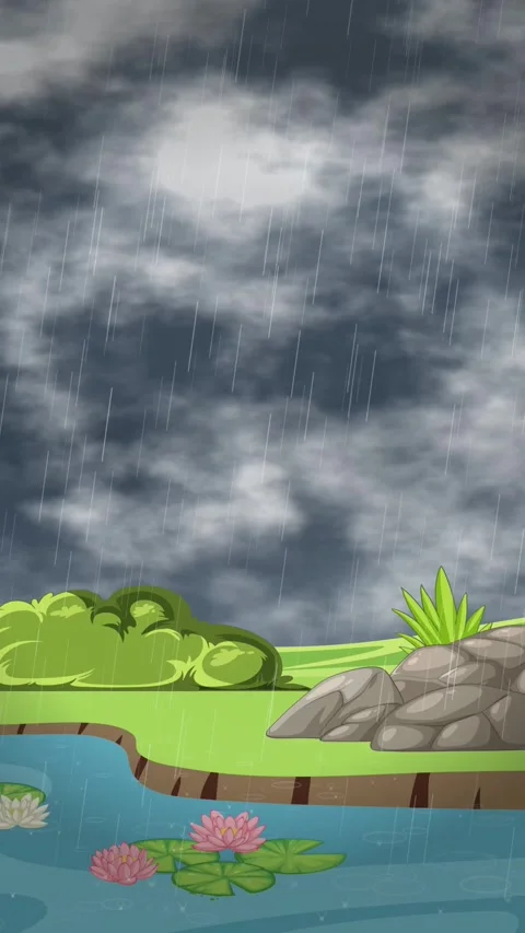 Vertical 2D Cartoon Animation of Rain Falling on a Pond Stock Footage 342219084