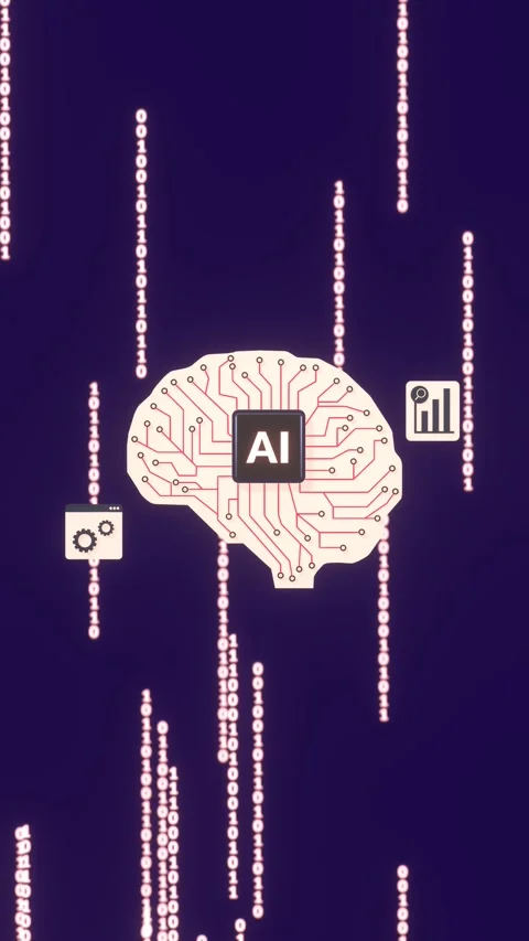 Vertical 3D Animation of AI Brain with Neural Networks and Data Visualization. Stock Footage 313819546