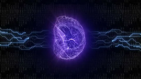 Vertical 3D Artificial Intelligence Brain and Technology Background, Loop Stock Footage 241429360