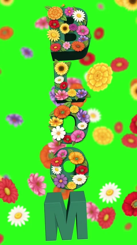 Vertical 3D Bloom Text Animation with Colorful Flowers on Green Screen Stock Footage 335682026