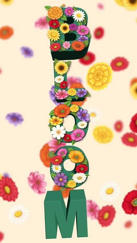 Vertical 3D Bloom Text Animation with Colorful Growing Flowers Stock Footage 340374013