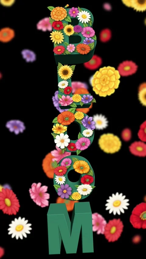 Vertical 3D Bloom Text Animation with Growing Flowers on Black Background Stock Footage 341719661