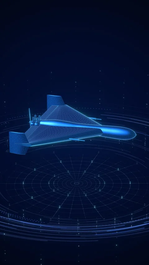 Vertical 3D Blue Wireframe Delta-Wing Drone Mesh for Defense and Tech Visuals Stock Footage 333633109