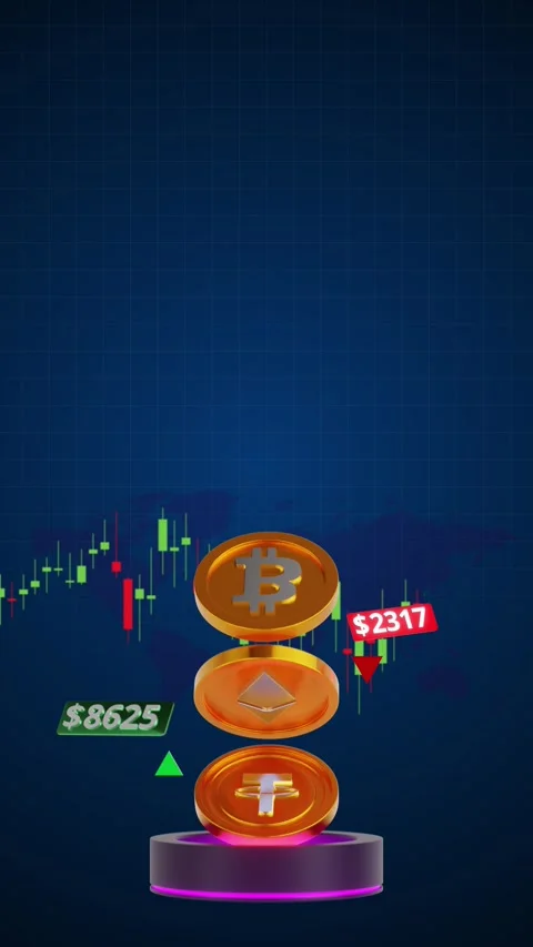 Vertical 3D Crypto Market Trading Interface &amp; Digital Assets 4K 스톡 동영상 344916383