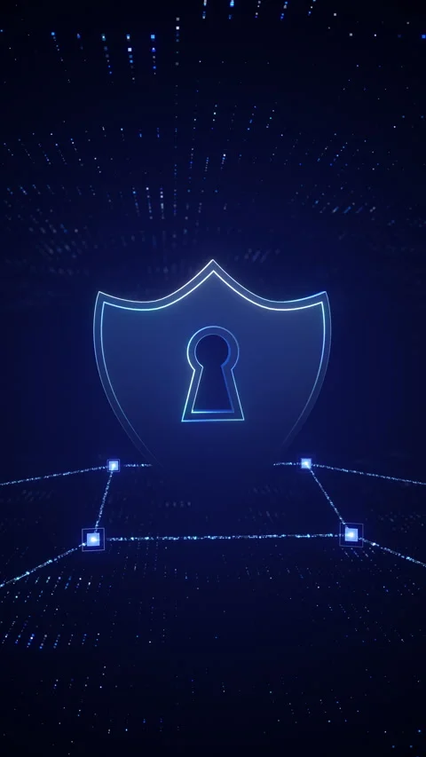 Vertical 3D Glowing Cyber Security Shield In Digital Network Space Vidéo 335198147