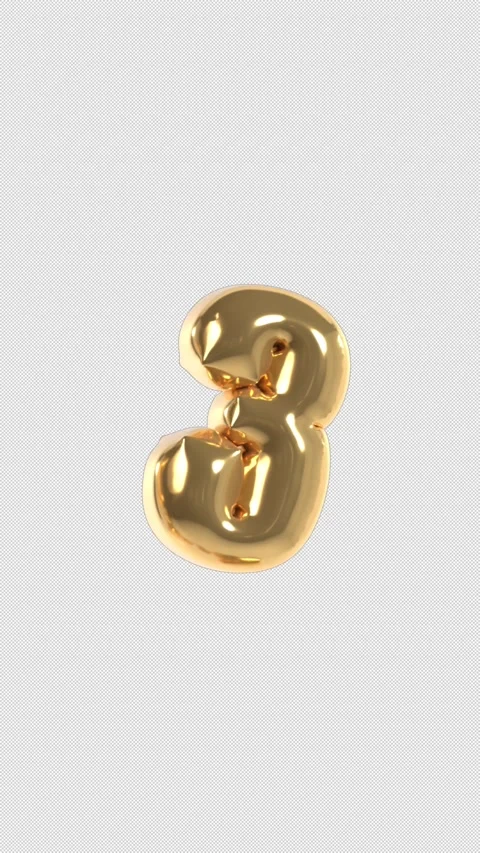 Vertical 3d Golden Balloon Number 3 Floating Loop 4k Alpha Stock Footage 344735580