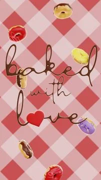 Vertical 3D infographic falling baked glazed donuts love heart cafeteria Stock Illustration