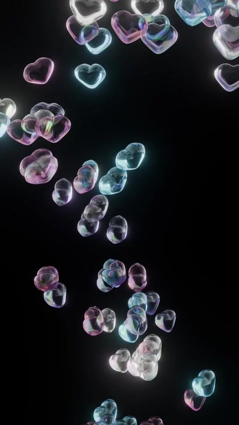 Vertical 3D Iridescent Flying Heart Bubbles on Black Background Stock-Footage 334234985